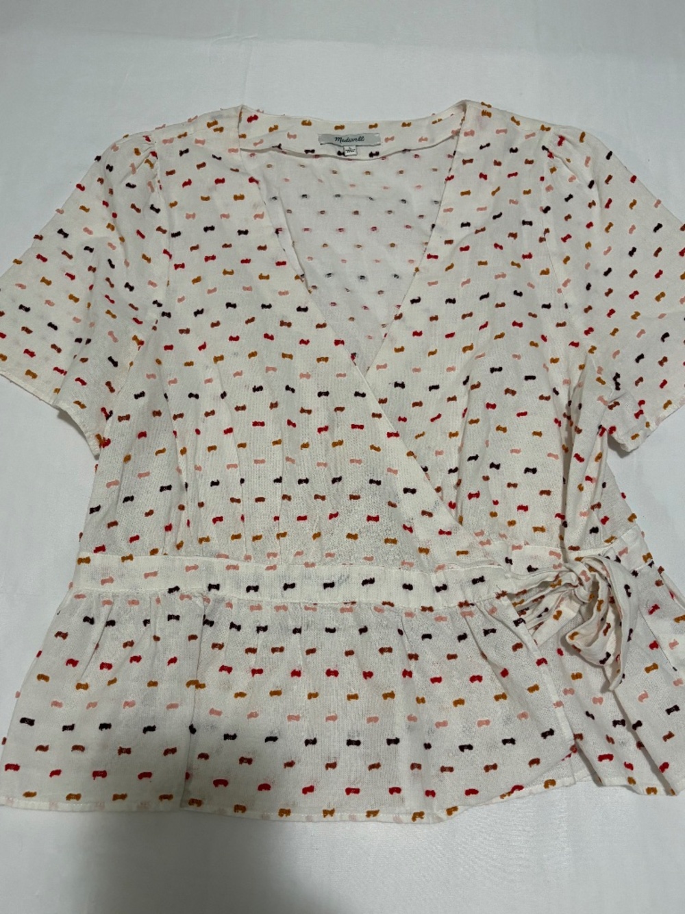 Madewell Short Sleeve Wrap Peplum Top Clipped Dot Pattern White size Large